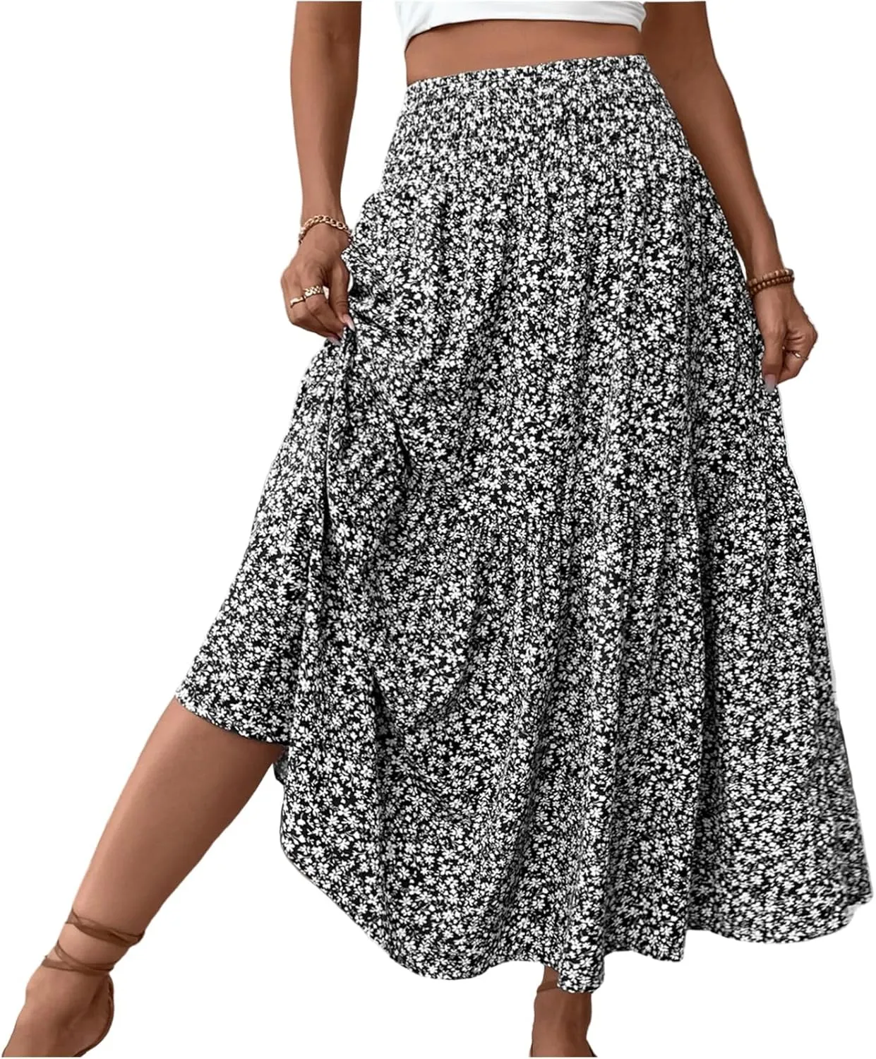 Maxi Skirts for Women with Pockets 2025 Summer Long High Elastic Waist Boho Flowy Ruffle A-Line Midi Length Floral Skirt