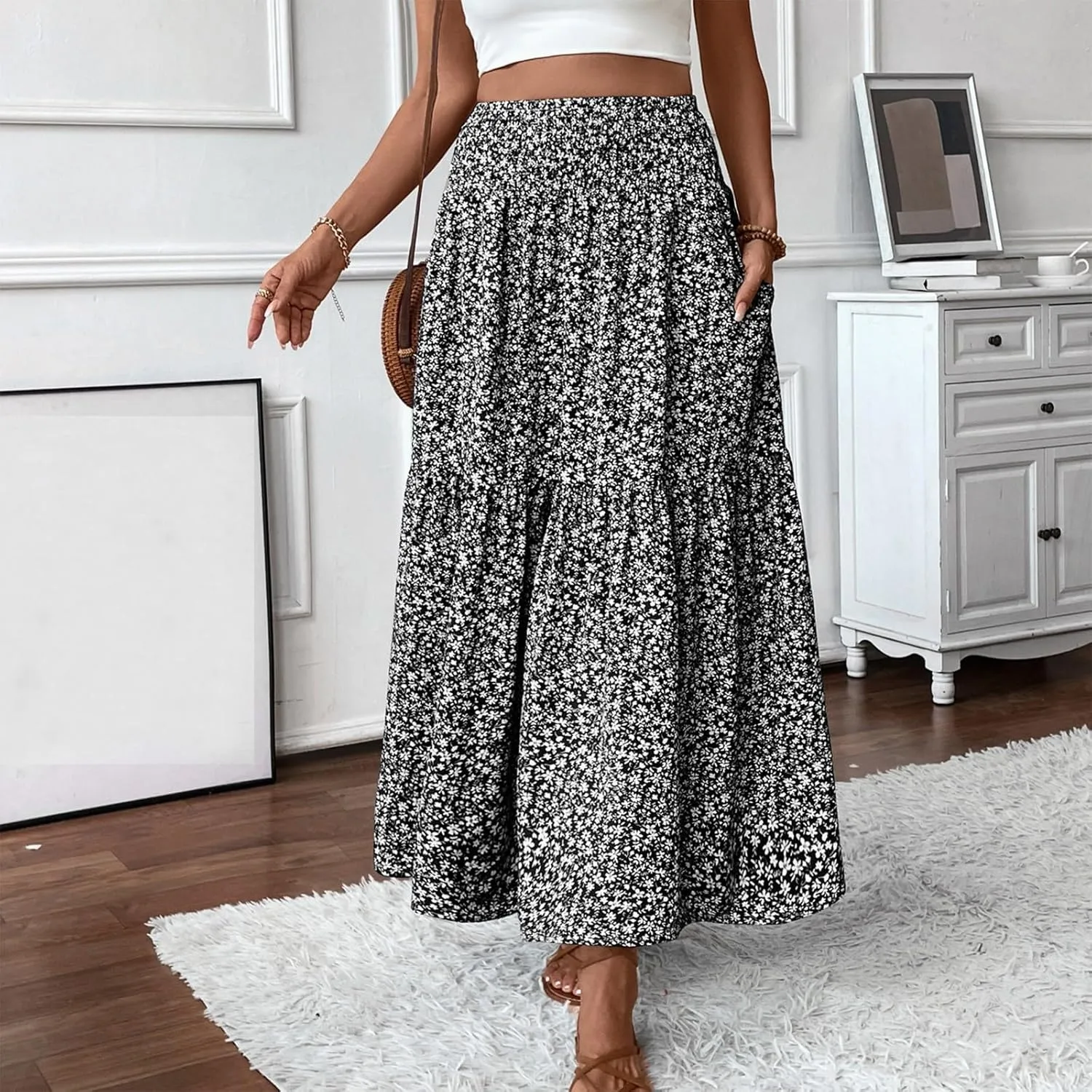 Maxi Skirts for Women with Pockets 2025 Summer Long High Elastic Waist Boho Flowy Ruffle A-Line Midi Length Floral Skirt
