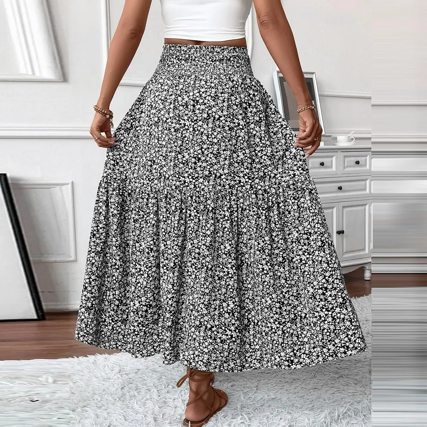 Maxi Skirts for Women with Pockets 2025 Summer Long High Elastic Waist Boho Flowy Ruffle A-Line Midi Length Floral Skirt