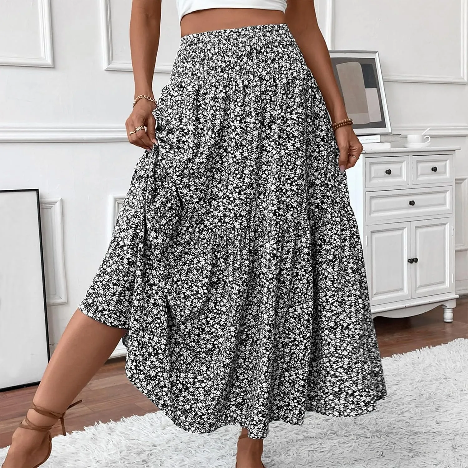 Maxi Skirts for Women with Pockets 2025 Summer Long High Elastic Waist Boho Flowy Ruffle A-Line Midi Length Floral Skirt