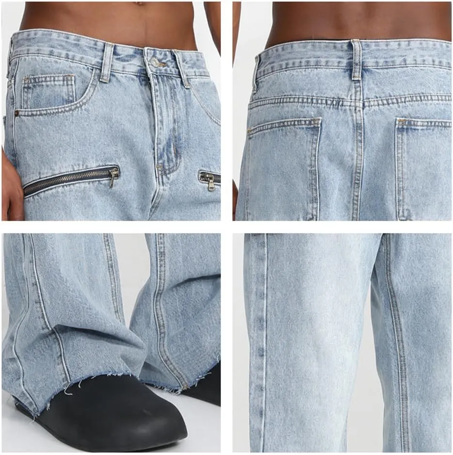 Men Casual Stretch Relaxed Fit Jeans Comfortable Straight Fit Zipper Slim Fit Washed Jeans