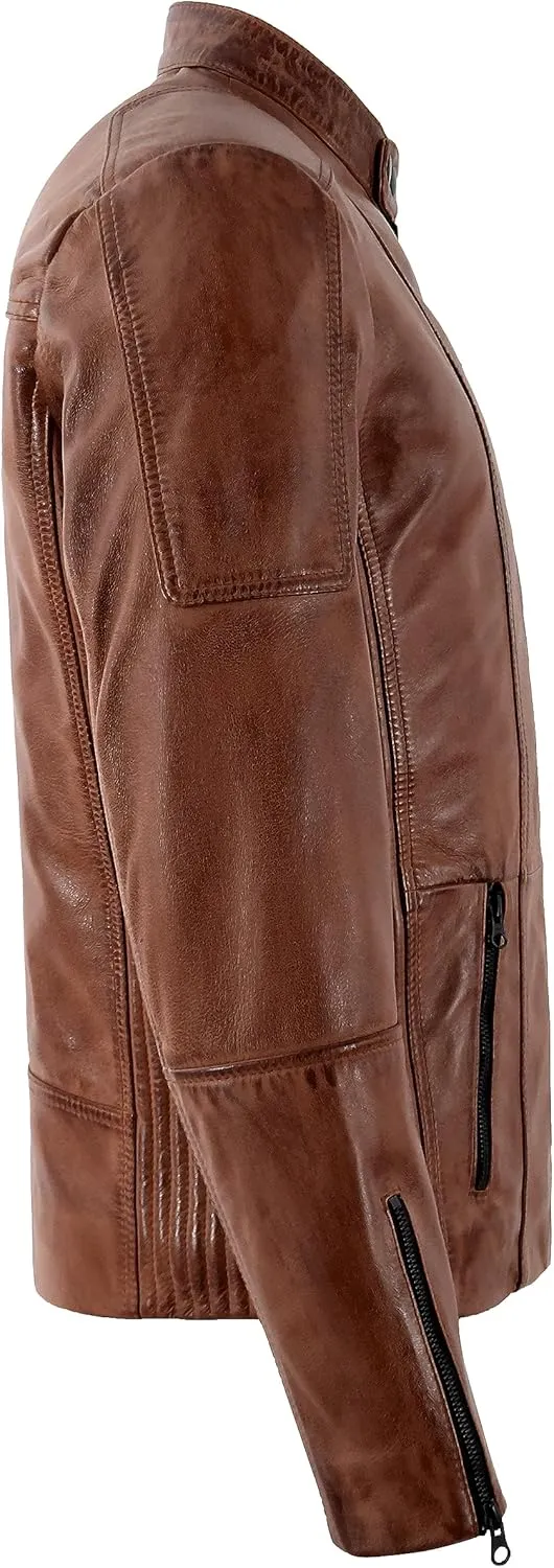 Men's Biker Waxed Real Leather Jacket Zipper Classic Retro Style Motocross Jacket 7188