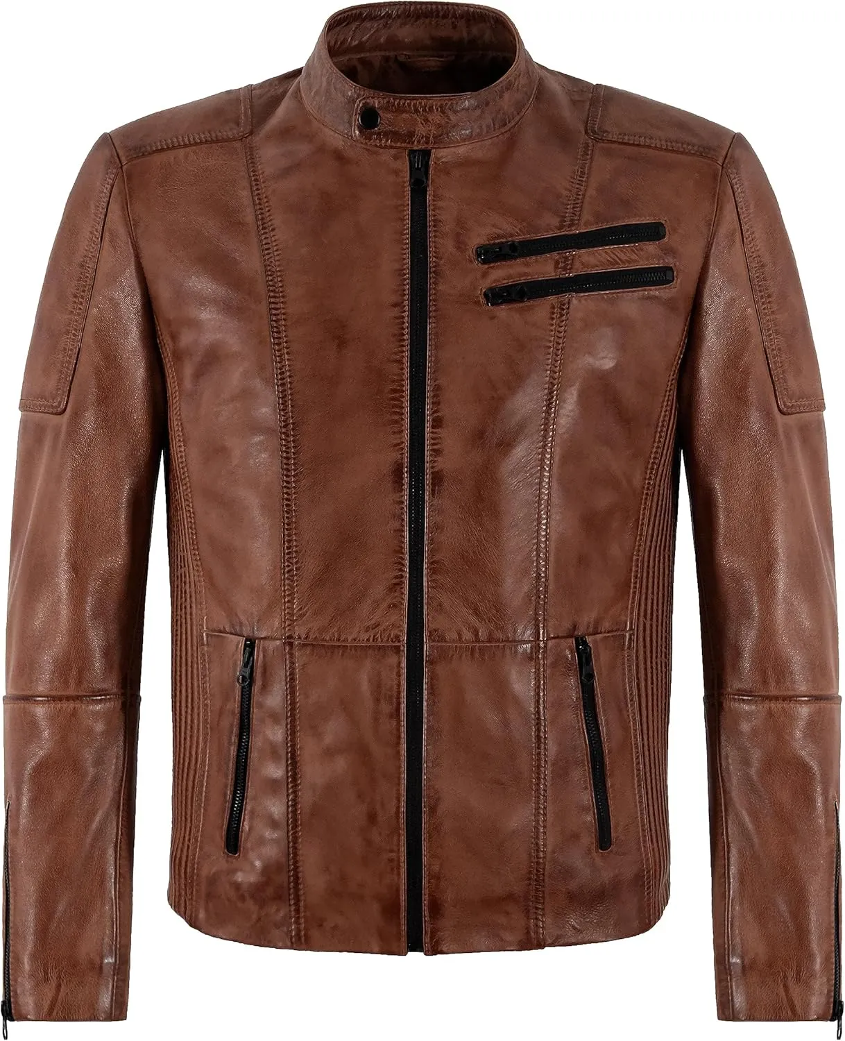 Mens Biker Waxed Real Leather Jacket Zipper Classic Retro Style Motocross Jacket 7188