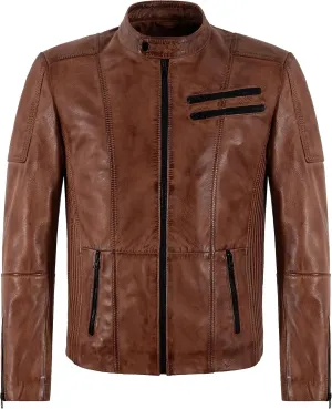 Men's Biker Waxed Real Leather Jacket Zipper Classic Retro Style Motocross Jacket 7188