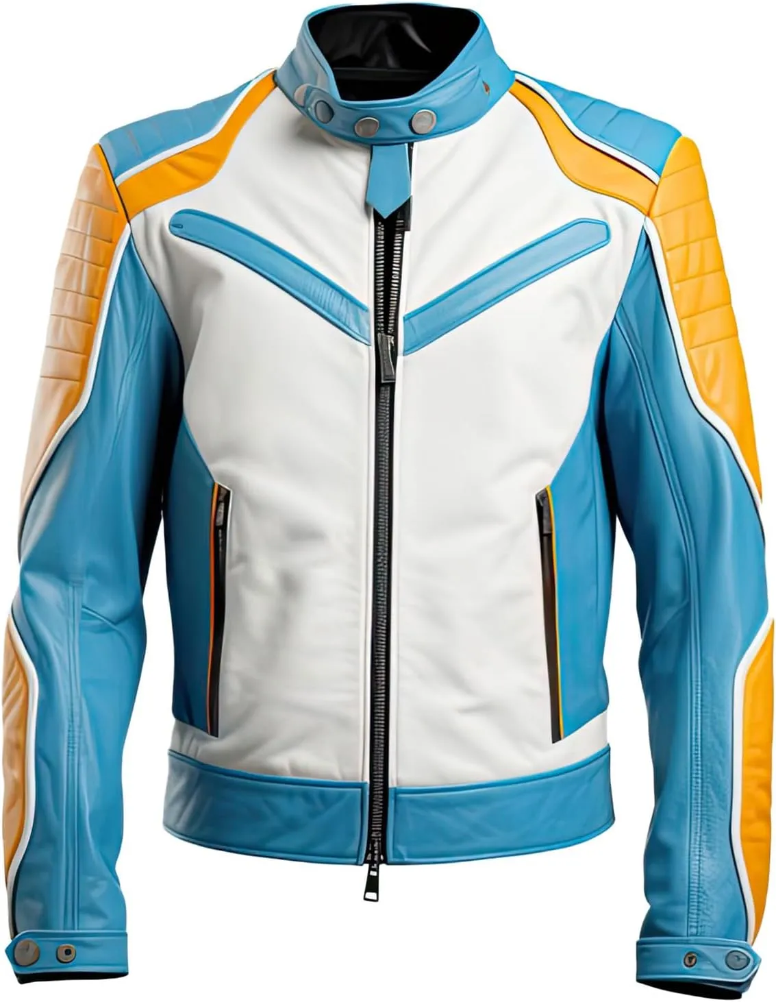 Mens Blue White Genuine Sheepskin Stand Collar Quilted Sleek Multicolor Outerwear Classy Moto Biker Leather Jacket