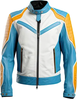 Mens Blue White Genuine Sheepskin Stand Collar Quilted Sleek Multicolor Outerwear Classy Moto Biker Leather Jacket