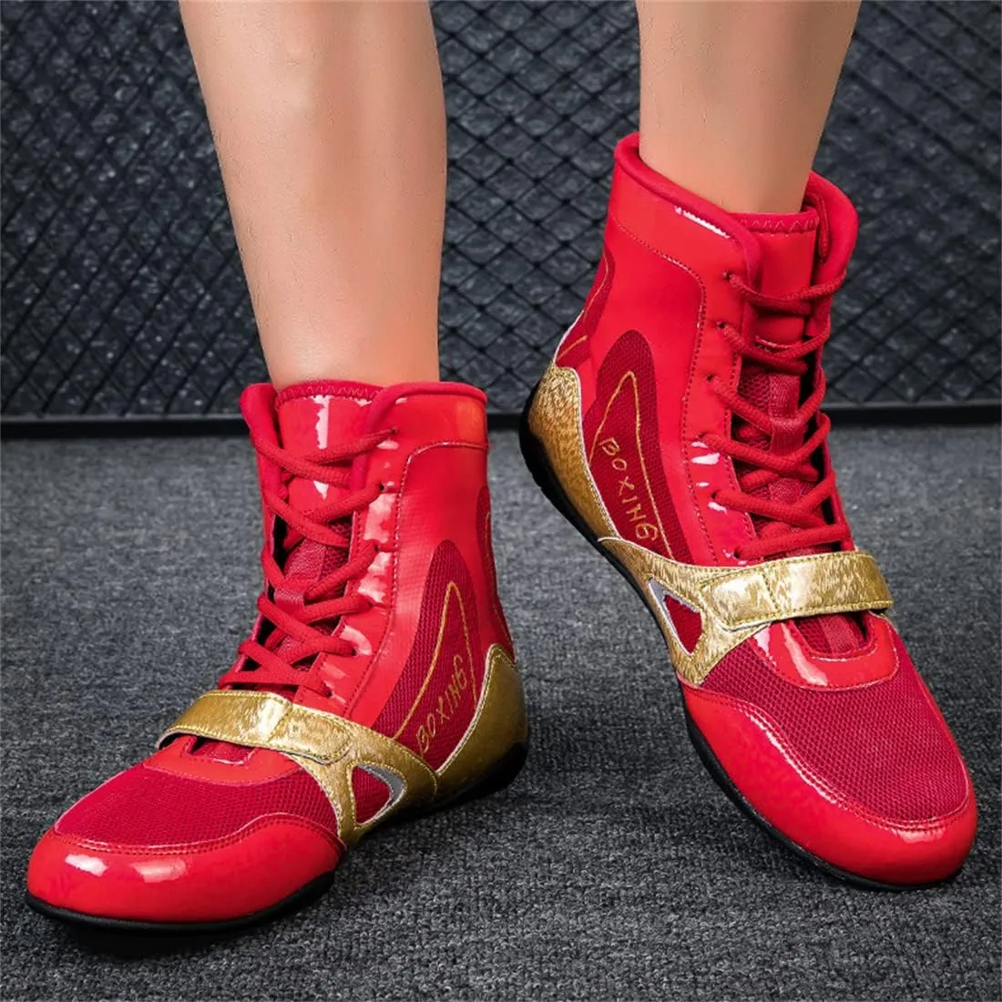 Mens Boxing Shoes Non Slip Wrestling Trainers Breathable Bodybuilding Gym Shoes High-Top Kickboxing Sport Fitness Sneakers