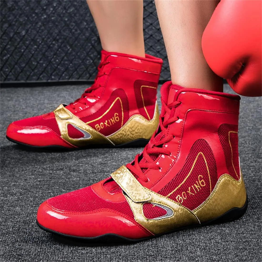 Mens Boxing Shoes Non Slip Wrestling Trainers Breathable Bodybuilding Gym Shoes High-Top Kickboxing Sport Fitness Sneakers
