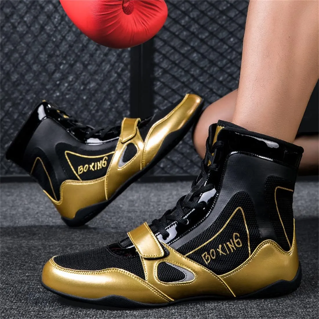 Mens Boxing Shoes Non Slip Wrestling Trainers Breathable Bodybuilding Gym Shoes High-Top Kickboxing Sport Fitness Sneakers
