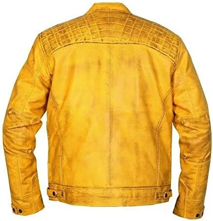 Men's Vintage Retro Style Motorcycle Quilted Biker Yellow Genuine Leather Jacket