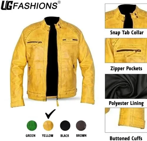Men's Vintage Retro Style Motorcycle Quilted Biker Yellow Genuine Leather Jacket