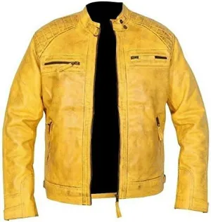 Men's Vintage Retro Style Motorcycle Quilted Biker Yellow Genuine Leather Jacket