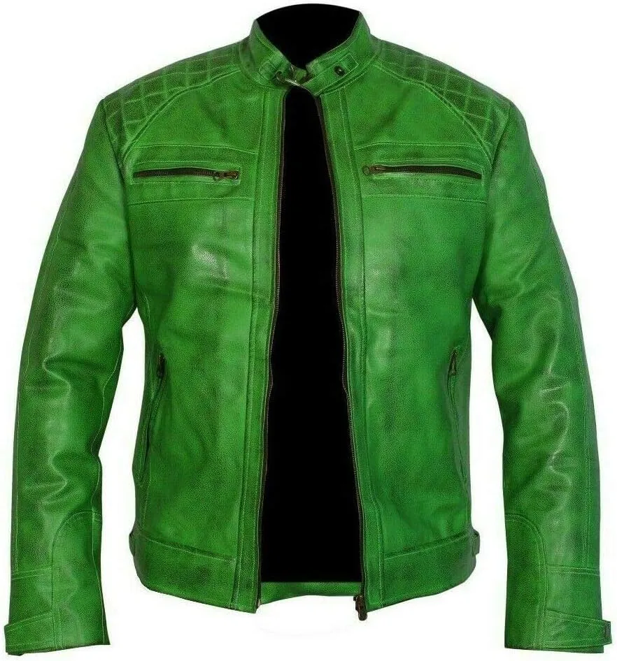 Men's Vintage Retro Style Motorcycle Quilted Biker Yellow Genuine Leather Jacket