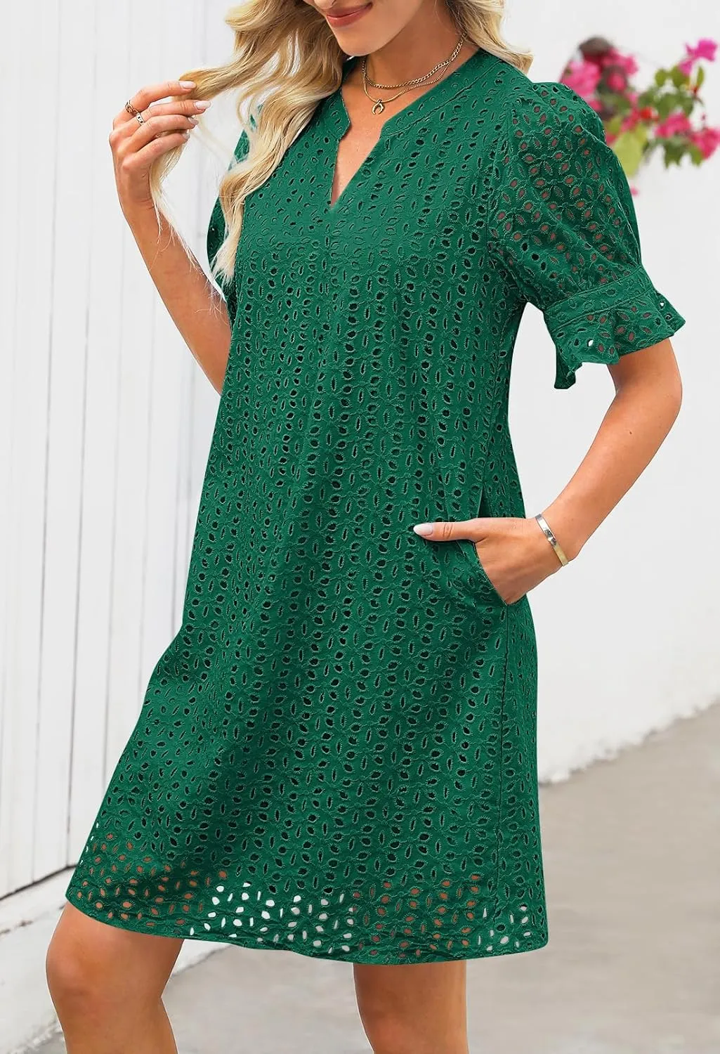 MEROKEETY Women's 2025 Summer Short Sleeve Mini Dress V Neck Ruffle Hollow Out Eyelet Lace Dresses