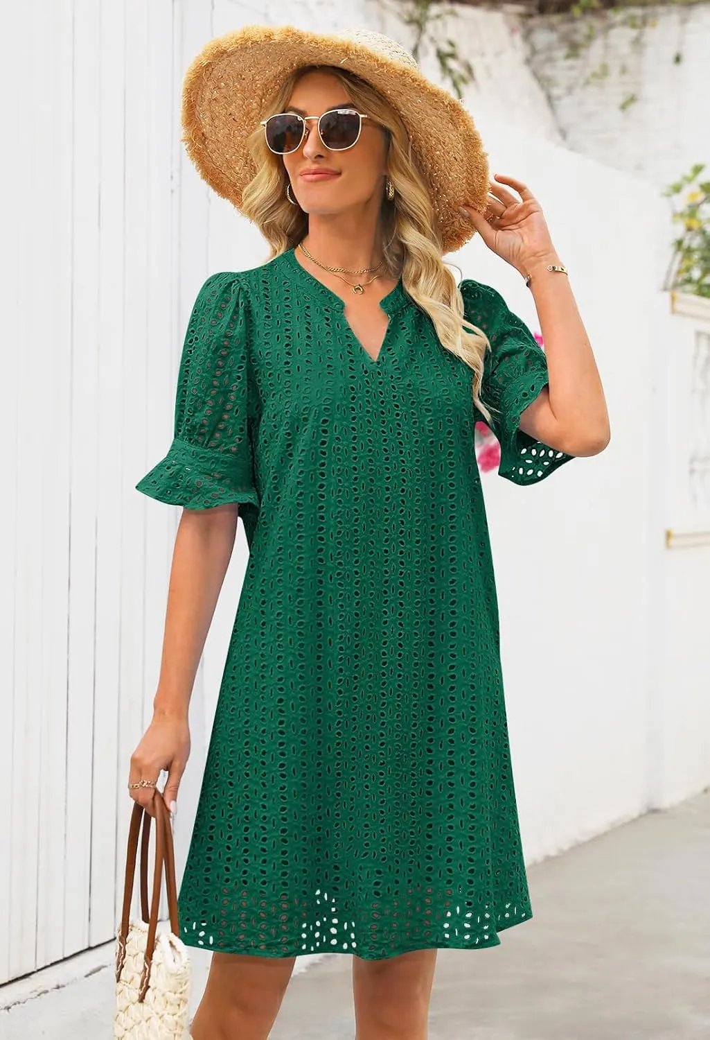 MEROKEETY Women's 2025 Summer Short Sleeve Mini Dress V Neck Ruffle Hollow Out Eyelet Lace Dresses