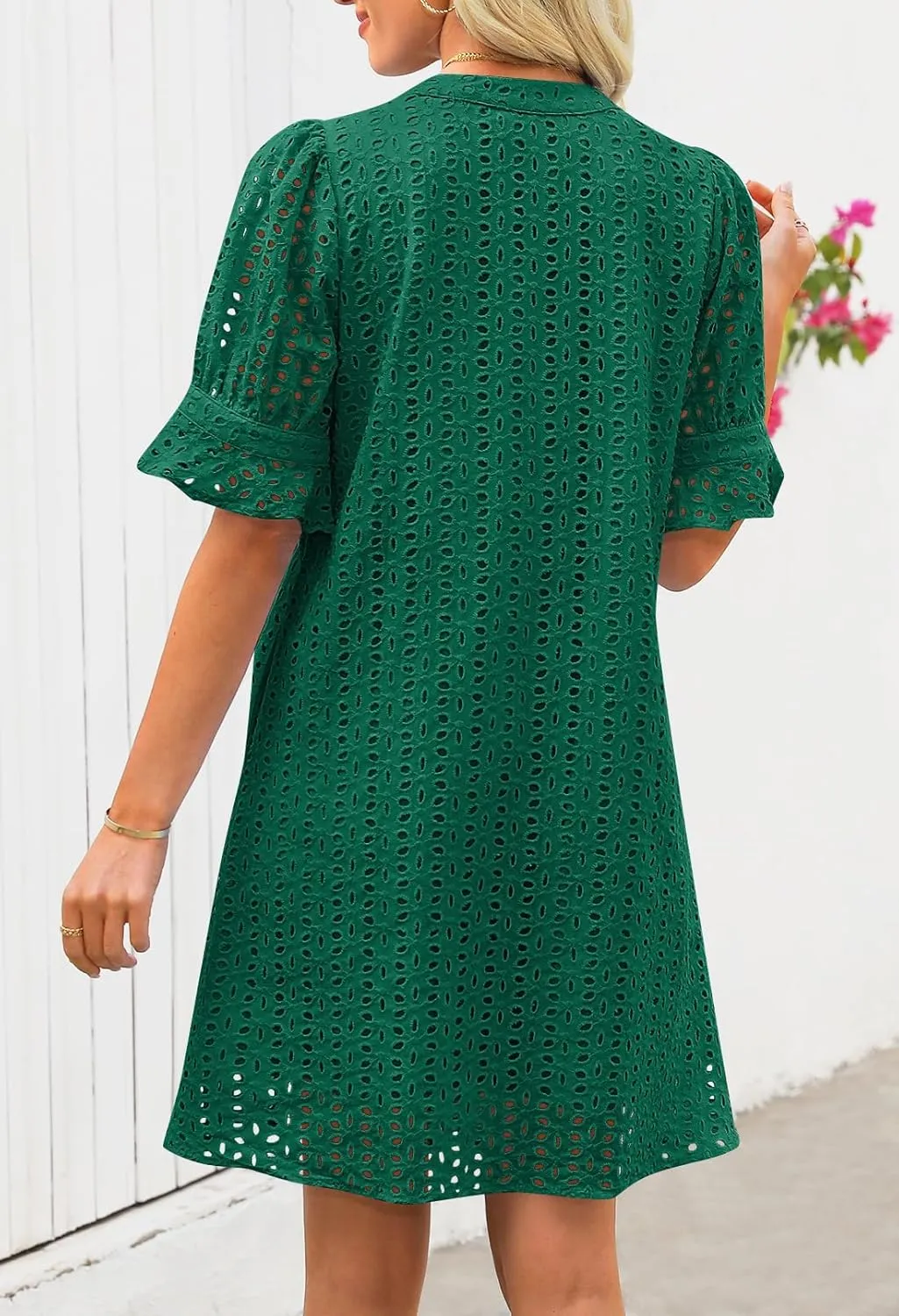 MEROKEETY Women's 2025 Summer Short Sleeve Mini Dress V Neck Ruffle Hollow Out Eyelet Lace Dresses