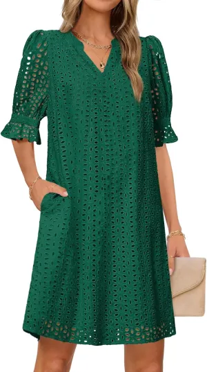 MEROKEETY Women's 2025 Summer Short Sleeve Mini Dress V Neck Ruffle Hollow Out Eyelet Lace Dresses