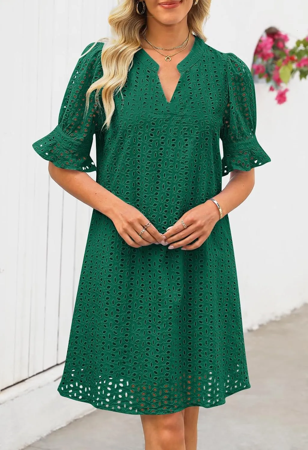 MEROKEETY Women's 2025 Summer Short Sleeve Mini Dress V Neck Ruffle Hollow Out Eyelet Lace Dresses