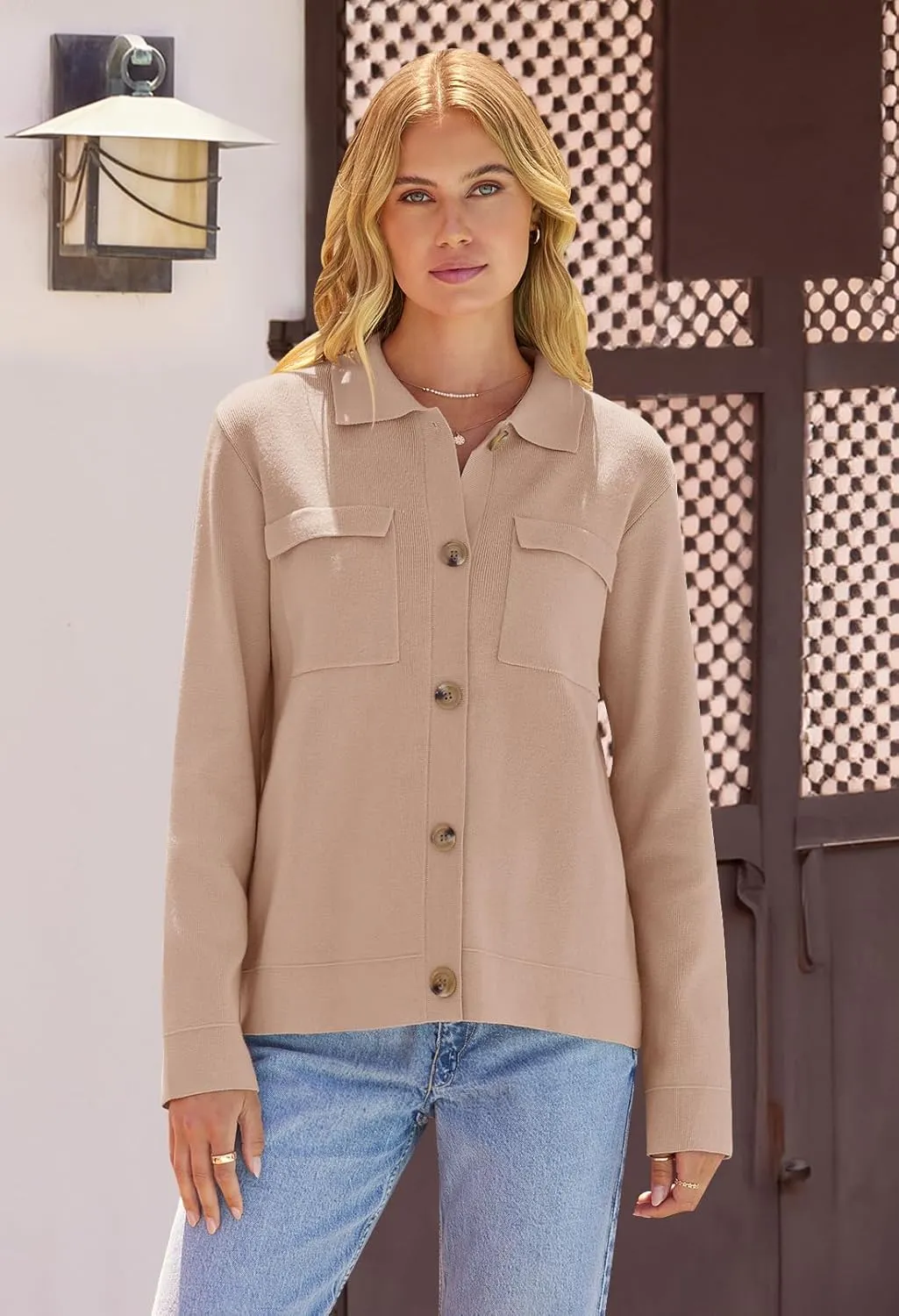 MEROKEETY Women's Long Sleeve Cardigan Sweaters Open Front Button Knit Shacket Jacket with Pockets