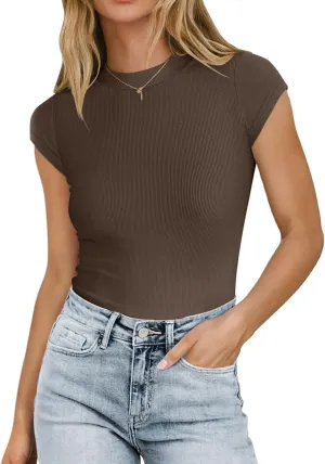 MIHOLL Women's Summer Cap Short Sleeve Tops Mock Neck Ribbed Knit Slim Fit Casual Basic Tee T Shirts