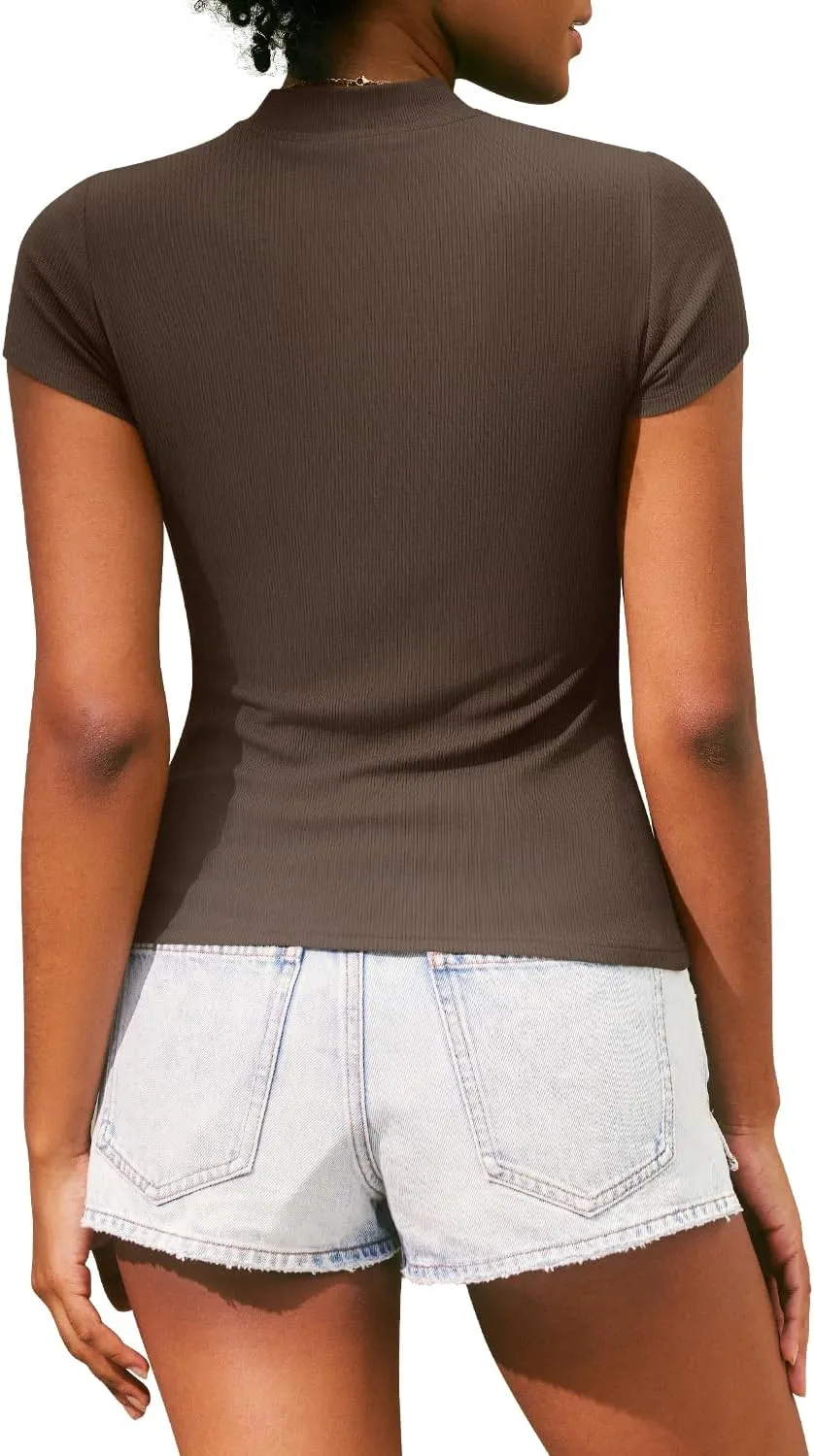 MIHOLL Women's Summer Cap Short Sleeve Tops Mock Neck Ribbed Knit Slim Fit Casual Basic Tee T Shirts