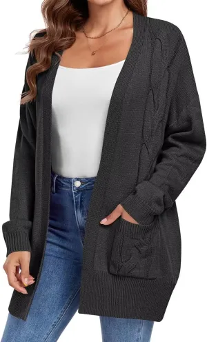 MONNURO Plus Size Cardigan Sweater for Women Long Sleeve Cable Knit Open Front Cardigan Outwear with Pockets
