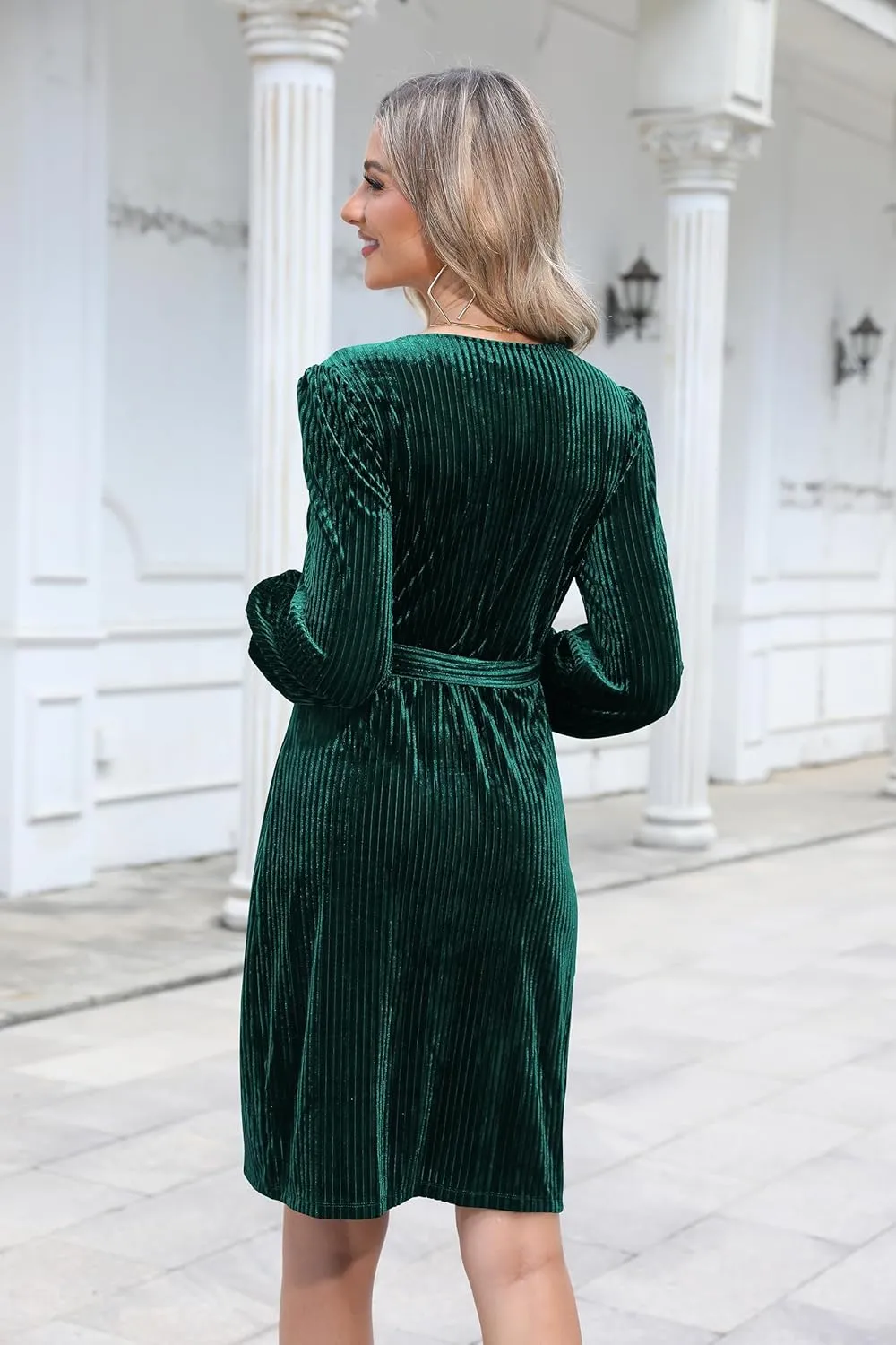 Naggoo Women's Long Sleeve Wrap Dress Semi Formal Velvet Mini Dress Sexy V Neck Cocktail Party Club Dress