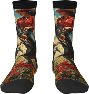 Novelty Crew Socks Fun Fashion Comfortable Crazy Dress Socks - Cowgirl Patterns Vintage Art