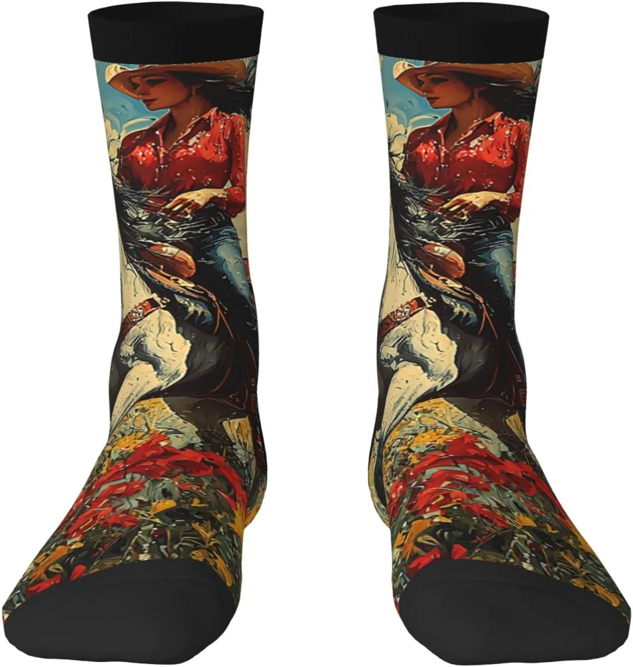 Novelty Crew Socks Fun Fashion Comfortable Crazy Dress Socks - Cowgirl Patterns Vintage Art