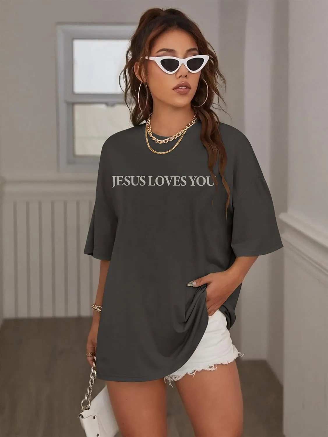 Oversized Tshirts for Women Christian Shirts Faith Over Fear Shirt Short Sleeve Jesus Tees Loose Casual Religious Tops