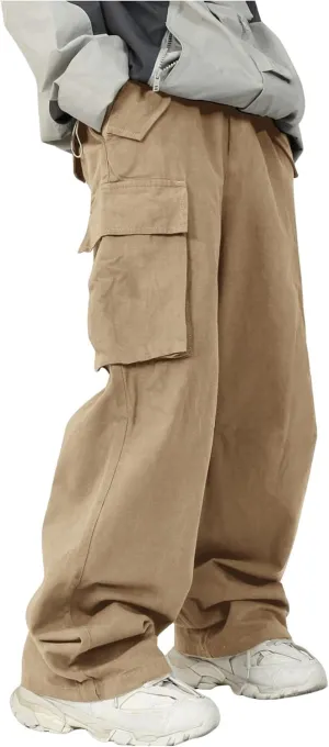 OYOANGLE Boy's Baggy Cargo Pants Flap Pocket Straight Leg Jogging Pants Solid Athletic Casual Trousers Khaki 11Y