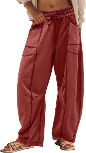 Panadila Womens Barrel Pants Drawstring Wide Leg Sweatpants Baggy Summer Lounge Pants Casual Beach Trousers