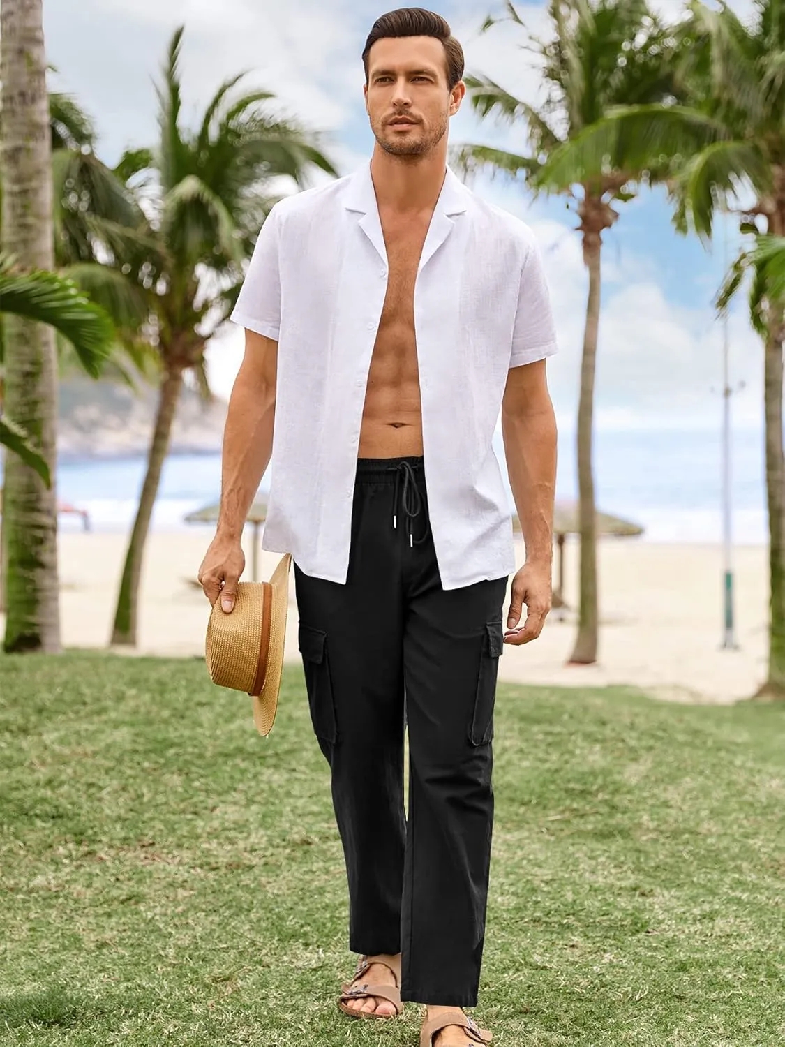 PASLTER Mens Linen Cargo Pants Lightweight Elastic Waist Drawstring Casual Loose Summer Beach Yoga Pants with Pockets