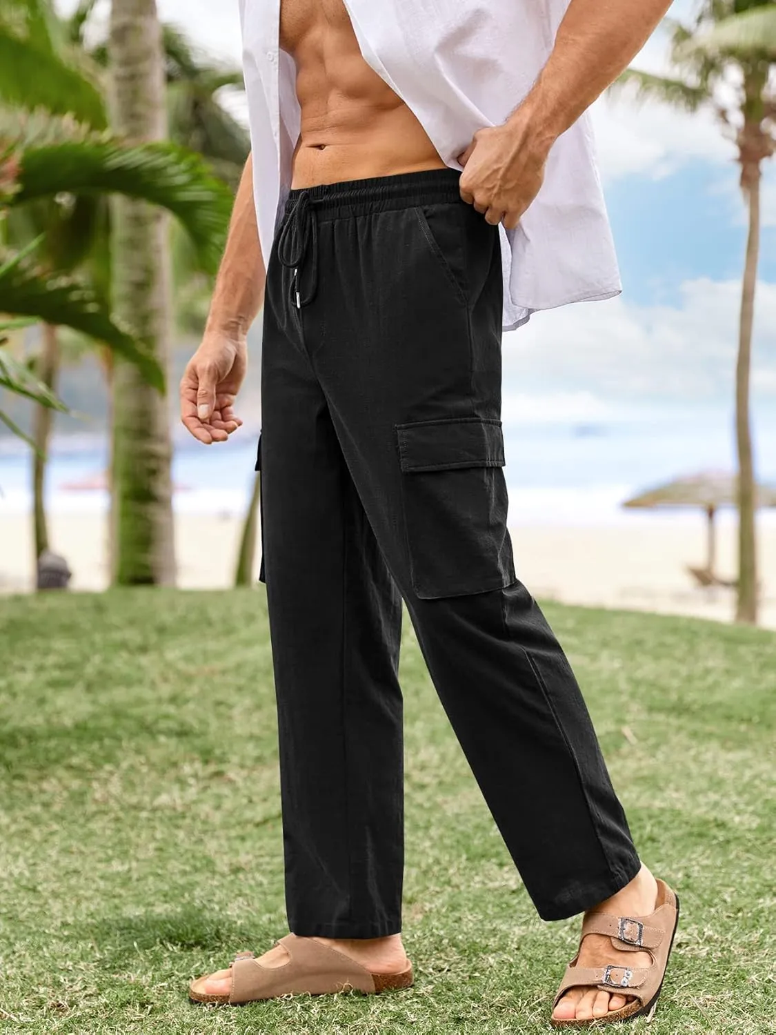 PASLTER Mens Linen Cargo Pants Lightweight Elastic Waist Drawstring Casual Loose Summer Beach Yoga Pants with Pockets