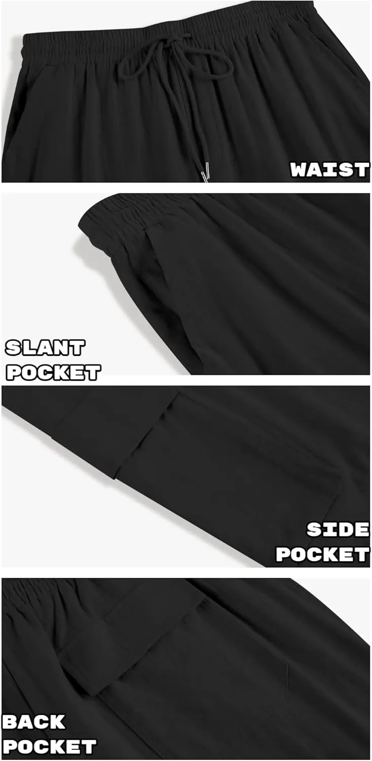 PASLTER Mens Linen Cargo Pants Lightweight Elastic Waist Drawstring Casual Loose Summer Beach Yoga Pants with Pockets
