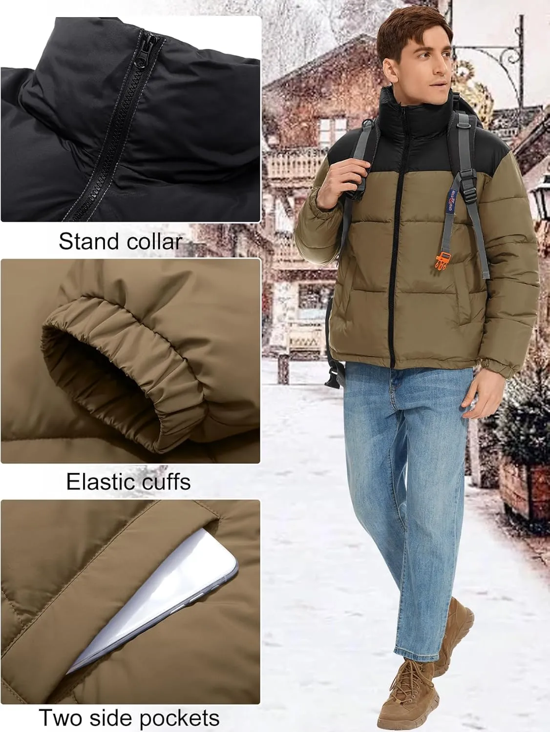 PEHMEA Men’s Puffer Jacket Stand Collar Zipper Coat with Pockets Retro Bubble Outwear for Winter