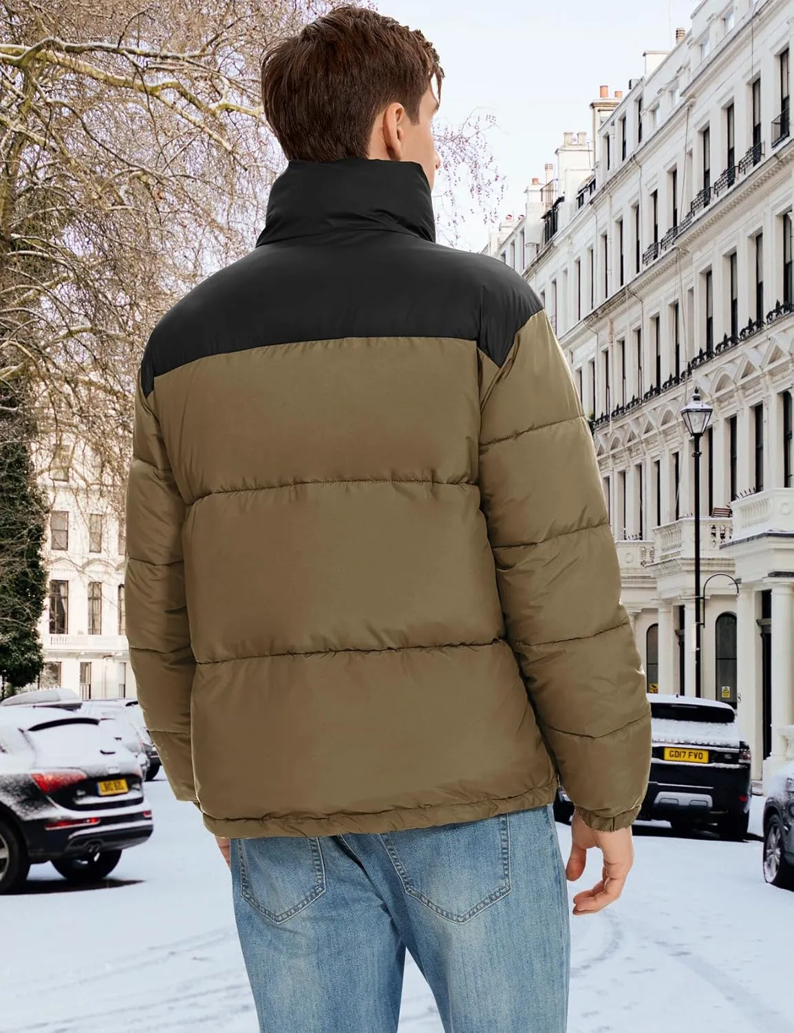 PEHMEA Men’s Puffer Jacket Stand Collar Zipper Coat with Pockets Retro Bubble Outwear for Winter