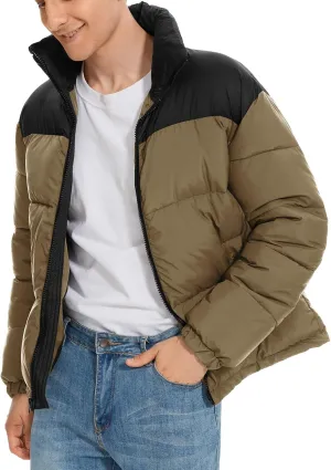 PEHMEA Men’s Puffer Jacket Stand Collar Zipper Coat with Pockets Retro Bubble Outwear for Winter