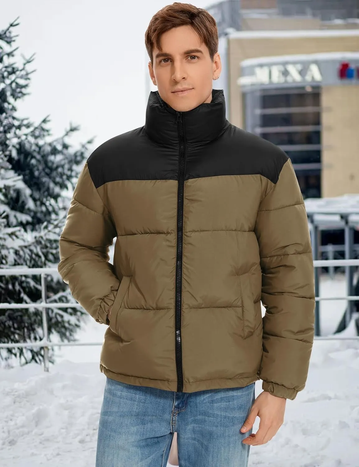 PEHMEA Men’s Puffer Jacket Stand Collar Zipper Coat with Pockets Retro Bubble Outwear for Winter