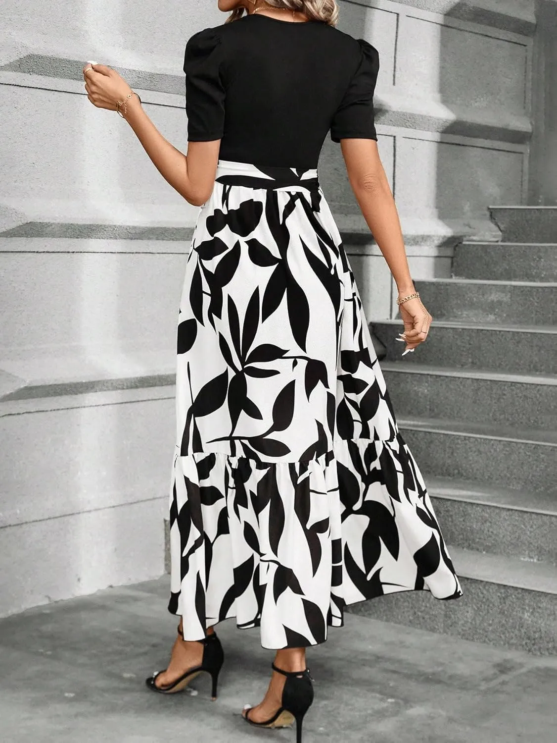 PerZeal Women's Casual Summer Crewneck A Line Short Sleeve Print Flowy Boho Long Maxi Dress with Belt
