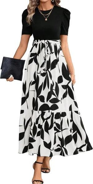 PerZeal Women's Casual Summer Crewneck A Line Short Sleeve Print Flowy Boho Long Maxi Dress with Belt