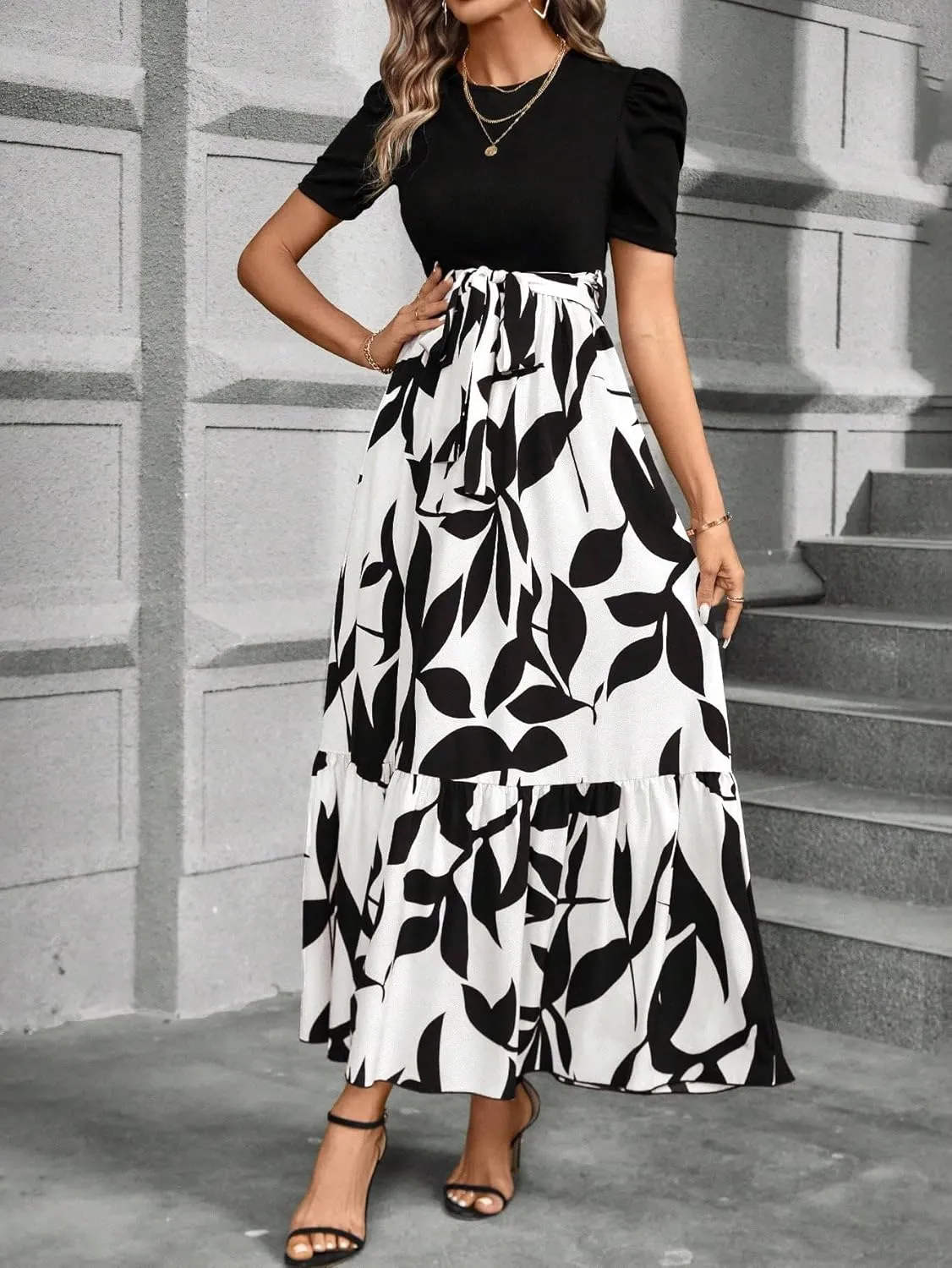 PerZeal Women's Casual Summer Crewneck A Line Short Sleeve Print Flowy Boho Long Maxi Dress with Belt