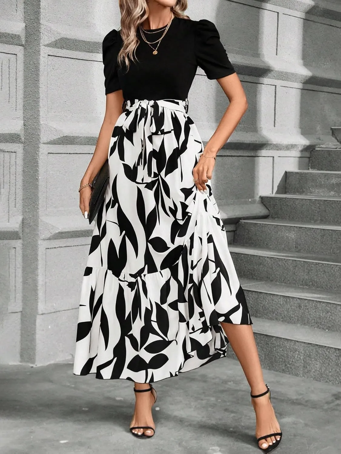 PerZeal Women's Casual Summer Crewneck A Line Short Sleeve Print Flowy Boho Long Maxi Dress with Belt