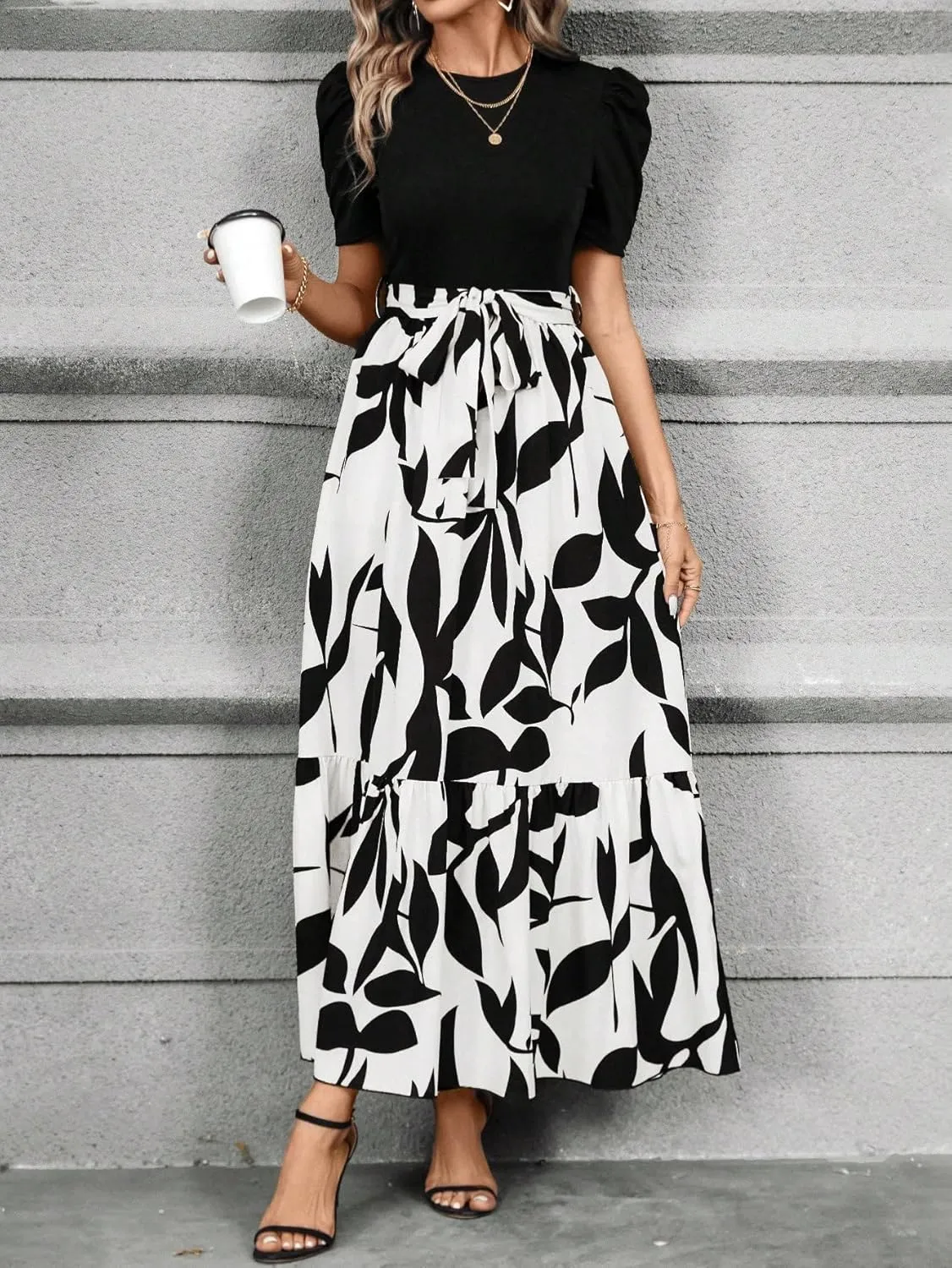PerZeal Women's Casual Summer Crewneck A Line Short Sleeve Print Flowy Boho Long Maxi Dress with Belt