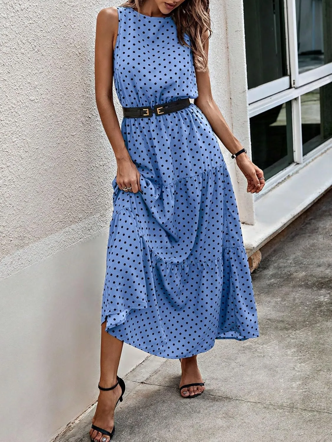 PerZeal Women's Summer Dress Sleeveless Crewneck Tiered Ruffle Floral Dress Flowy Beach Sundress Long Maxi Dresses