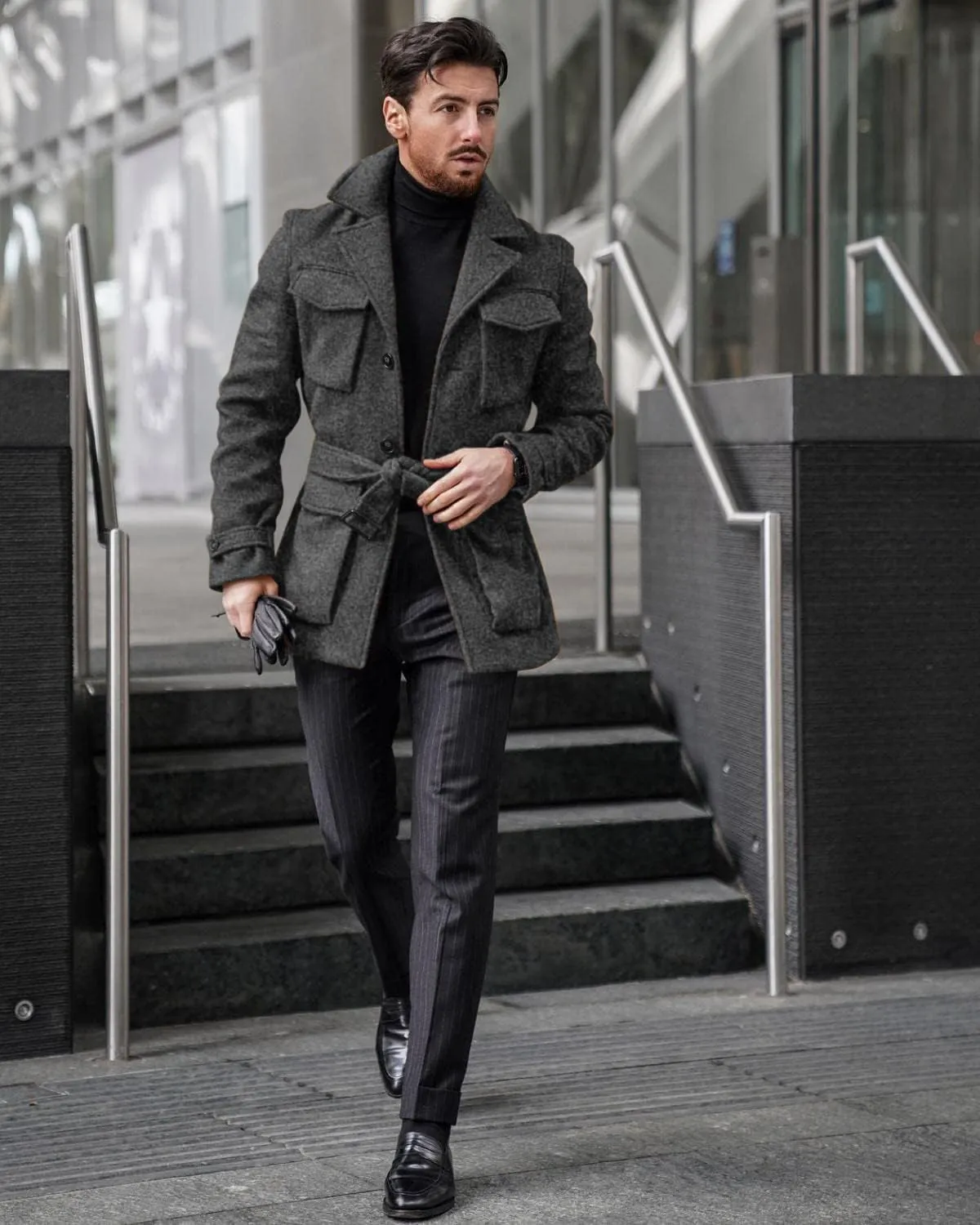 Pretifeel Mens Trench Coat Slim Fit Wool Blends Business Lapel Belted Overcoat Winter Casual Peacoat Jacket