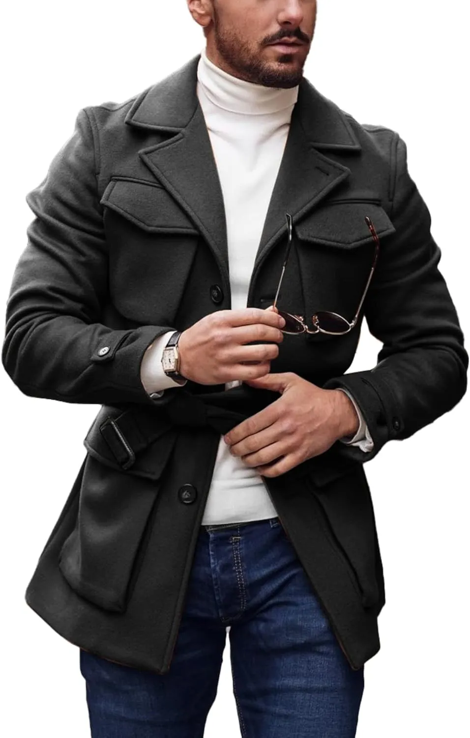 Pretifeel Mens Trench Coat Slim Fit Wool Blends Business Lapel Belted Overcoat Winter Casual Peacoat Jacket