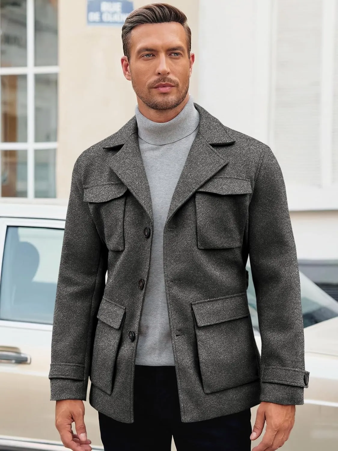 Pretifeel Mens Trench Coat Slim Fit Wool Blends Business Lapel Belted Overcoat Winter Casual Peacoat Jacket