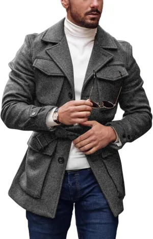 Pretifeel Mens Trench Coat Slim Fit Wool Blends Business Lapel Belted Overcoat Winter Casual Peacoat Jacket