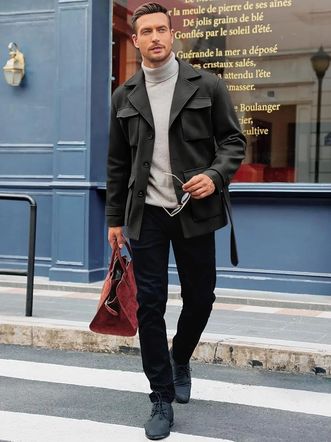 Pretifeel Mens Trench Coat Slim Fit Wool Blends Business Lapel Belted Overcoat Winter Casual Peacoat Jacket